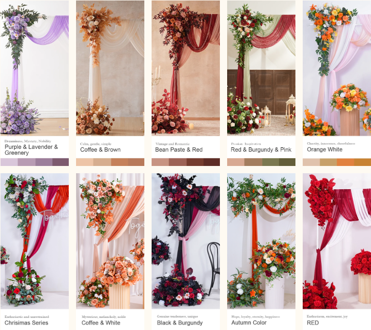 Coordinated Angela Flower wedding arch, aisle flowers, and table decor