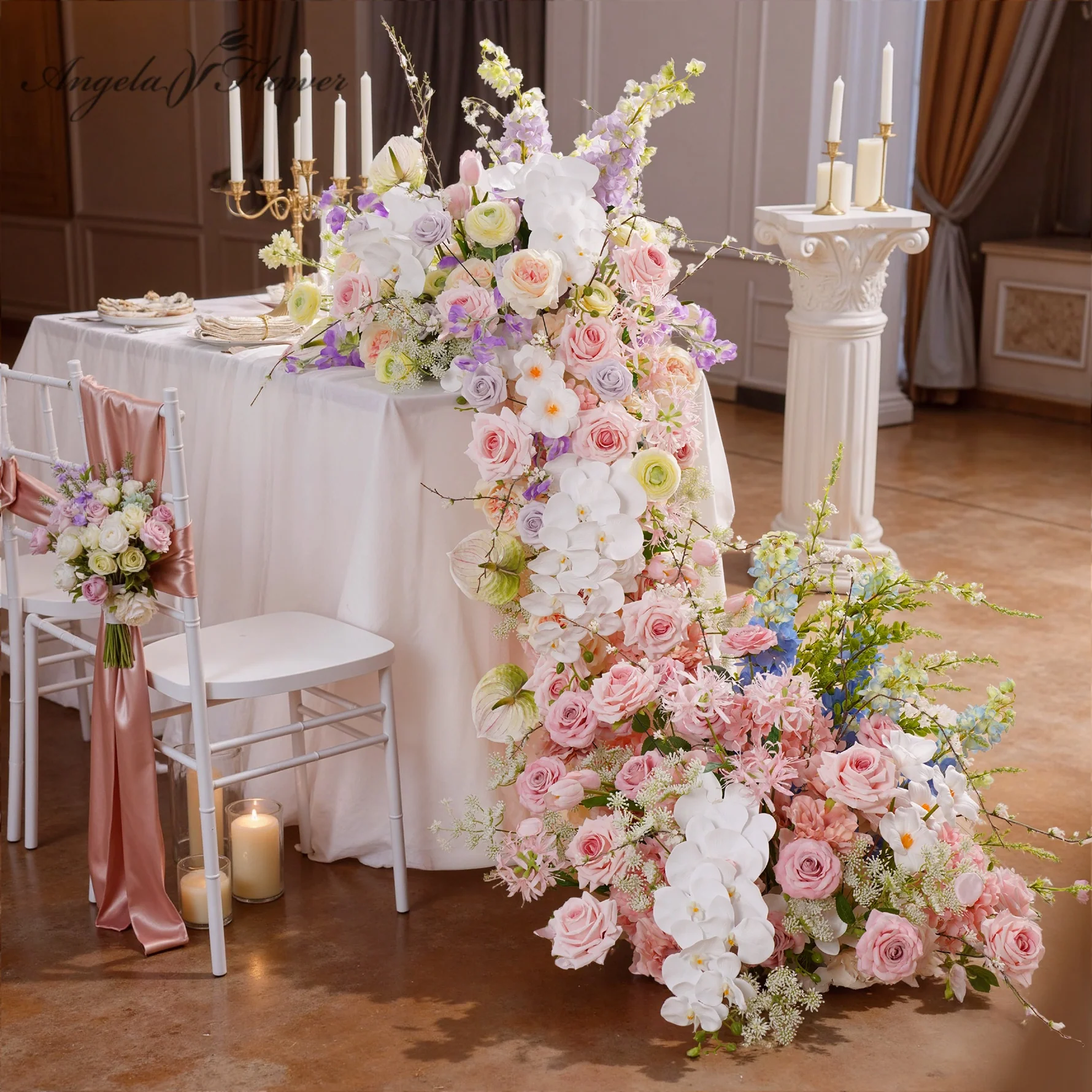 Luxury pink rose orchid table sofa floral runner