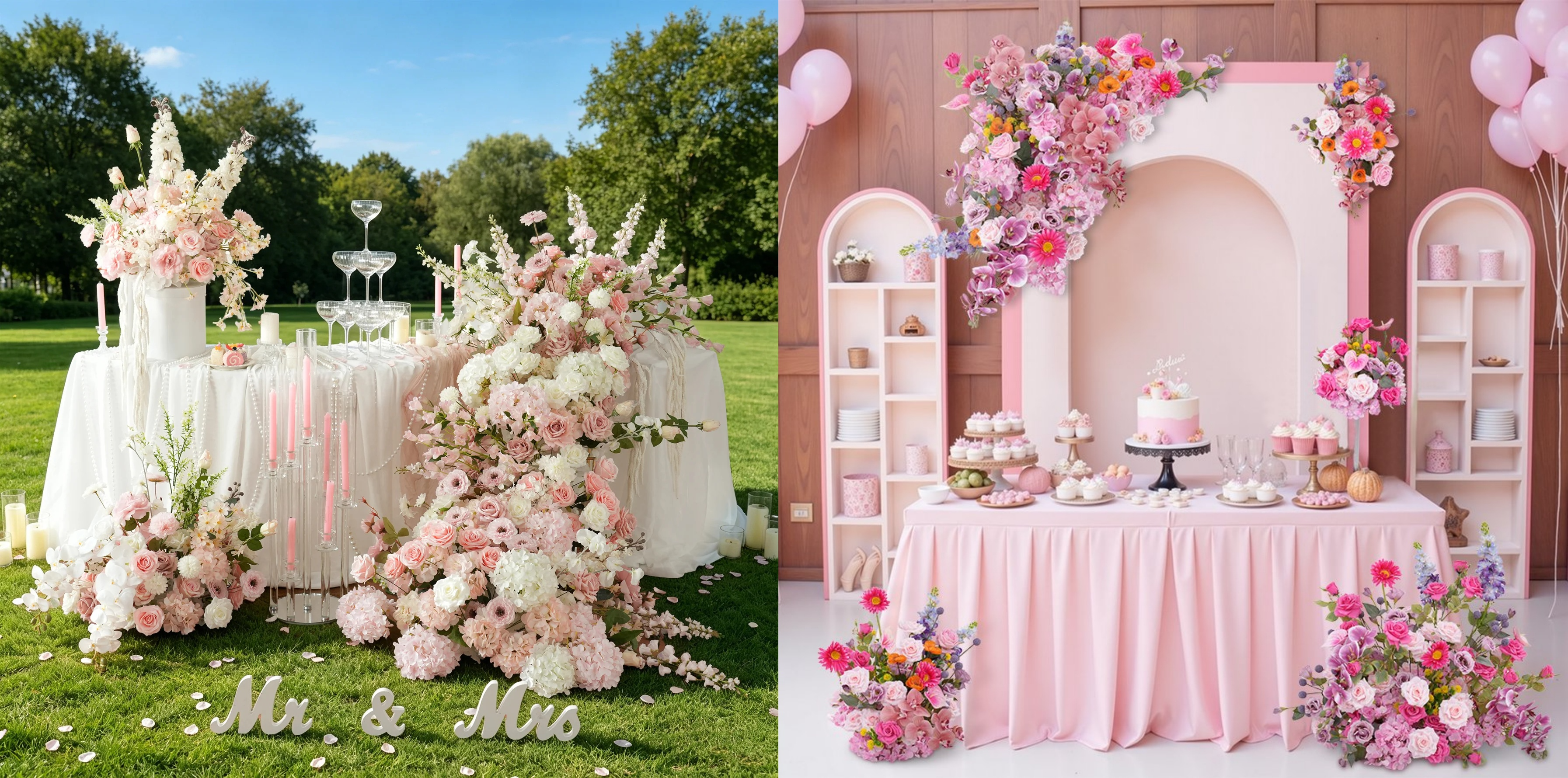 Pink floral runner and table flowers
