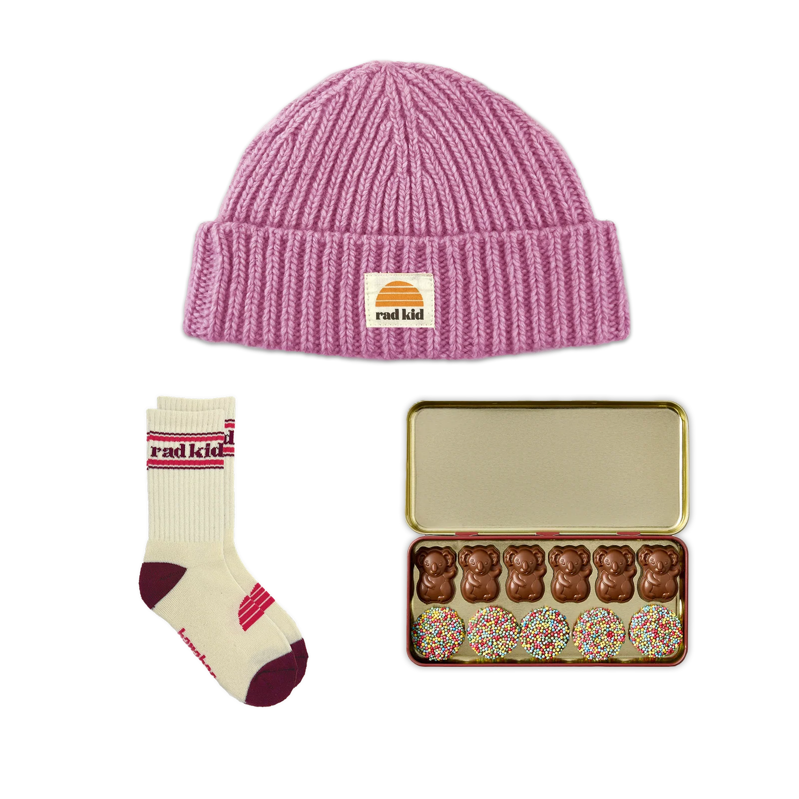Rad Kid Easter Bundle #1 - Peony Pink Beanie, Sock and Koko Koala's Outback Tin Milk Choc - AUD $89.00