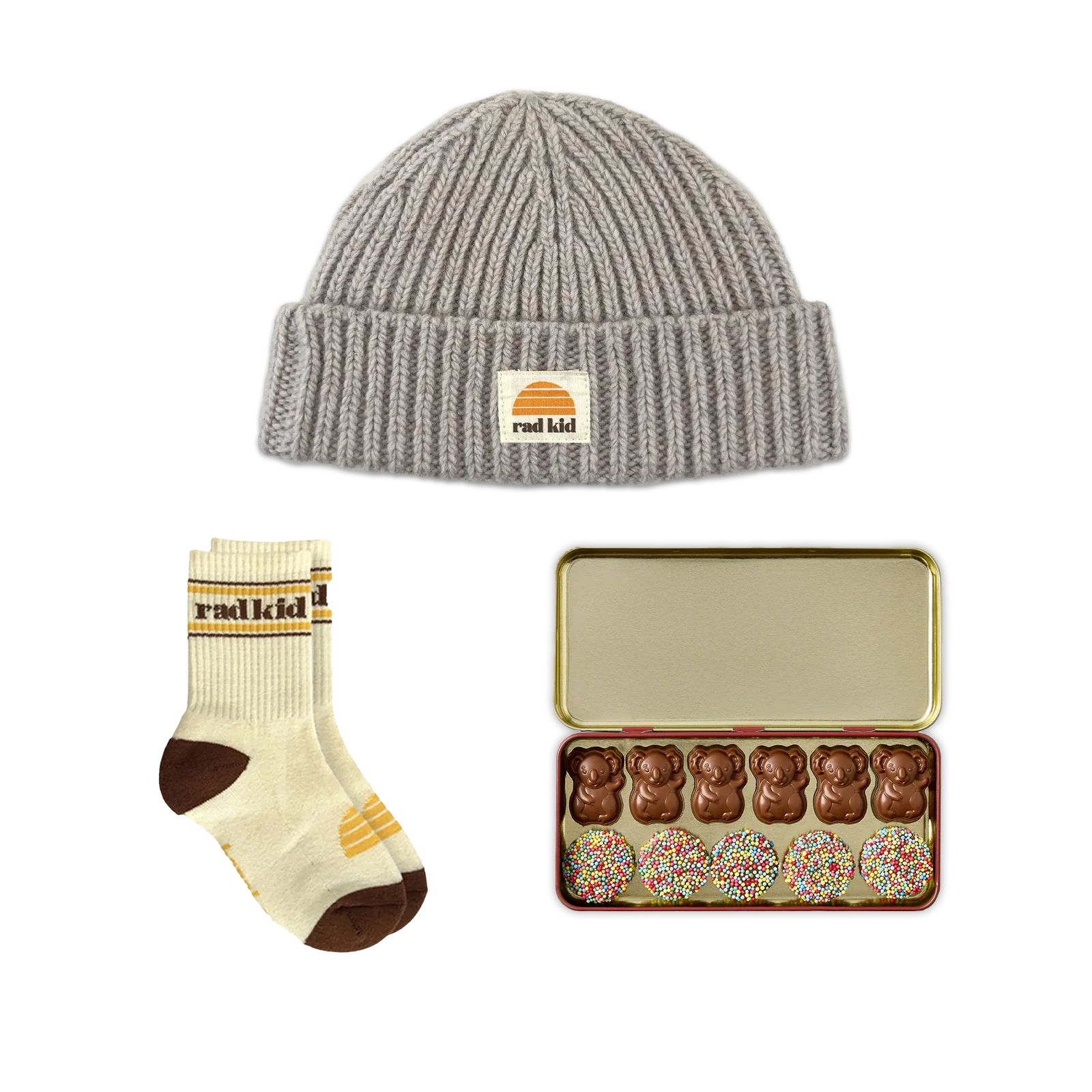 Rad Kid Easter Bundle #1 - Oat Beanie, Sock and Koko Koala's Outback Tin Milk Choc - AUD $89.00