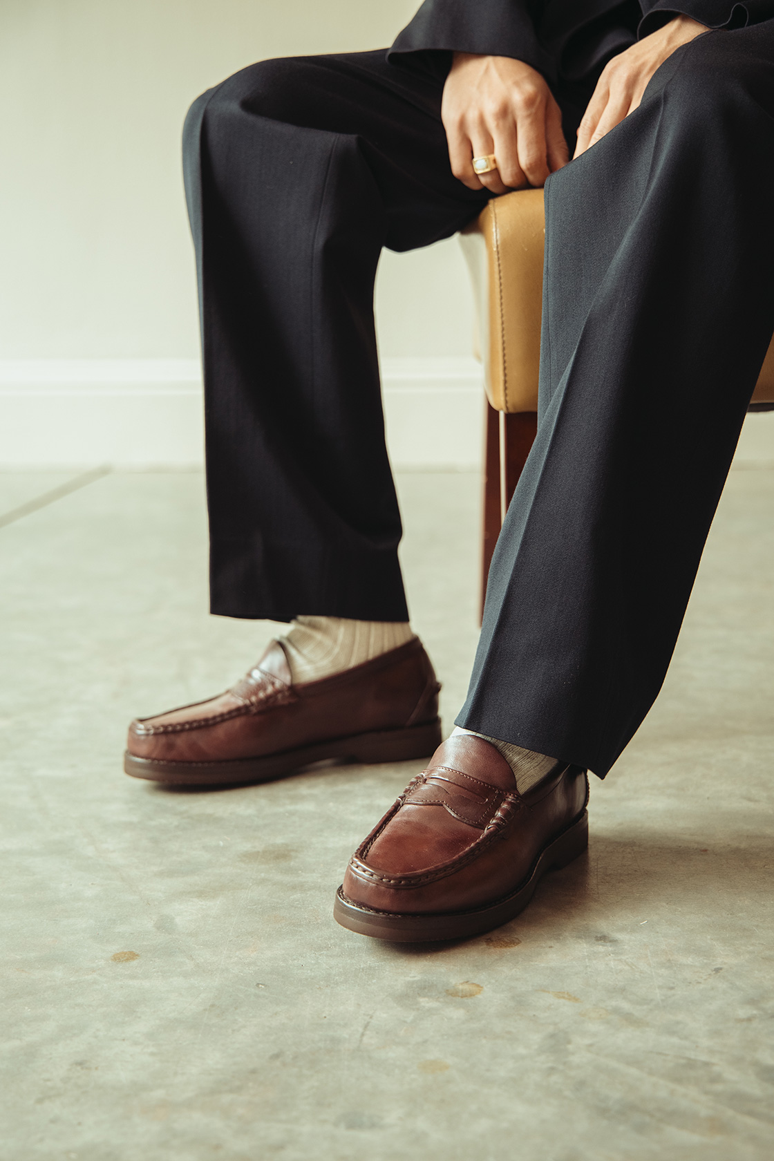 Detail Shot of Margaret Howell Suiting Pants and Shoes