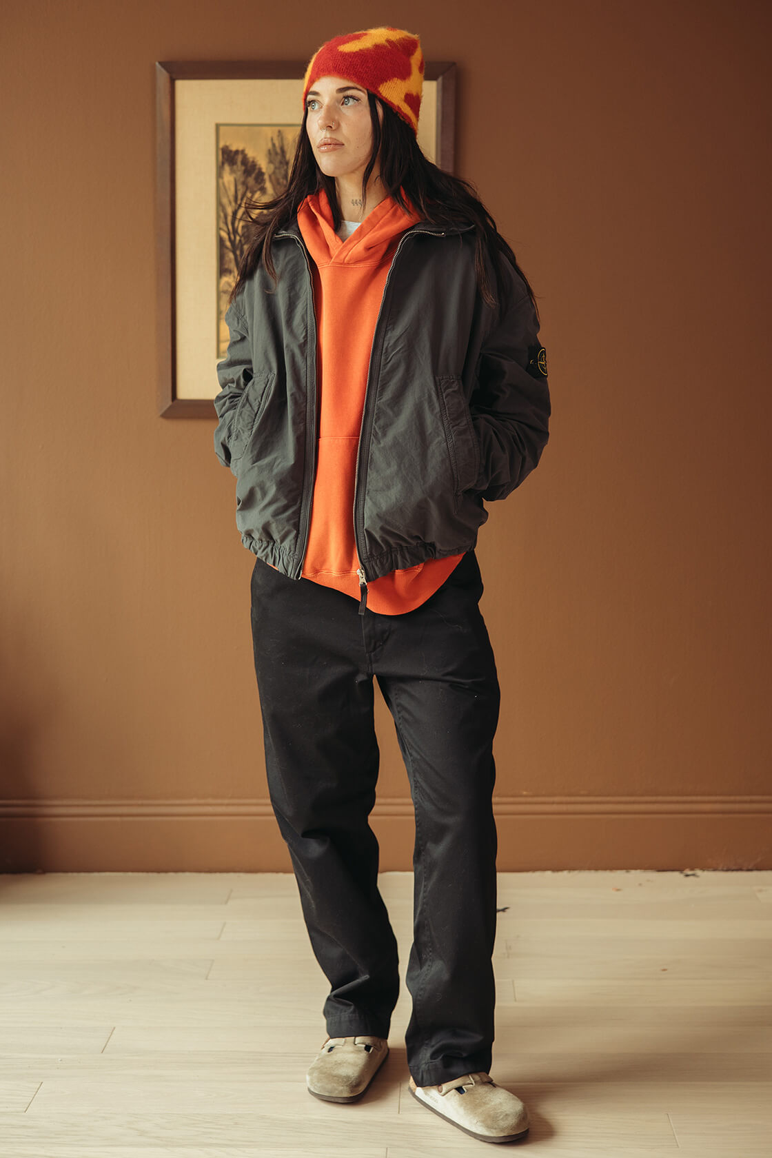 Nanamica Chino Cap in Black, Kapital BORO ZIP UP Blouson (VIRGIN MARY) in Indigo, FrizmWORKS Heavy Canvas Shoulder Bag in Black, Camiel Fortgens Pullup Hoodie in Navy, Nanamica Cargo Pants in Olive Drab, and Salomon Advanced XT-Whisper in White/Lunar Rock/Ftw Silver.