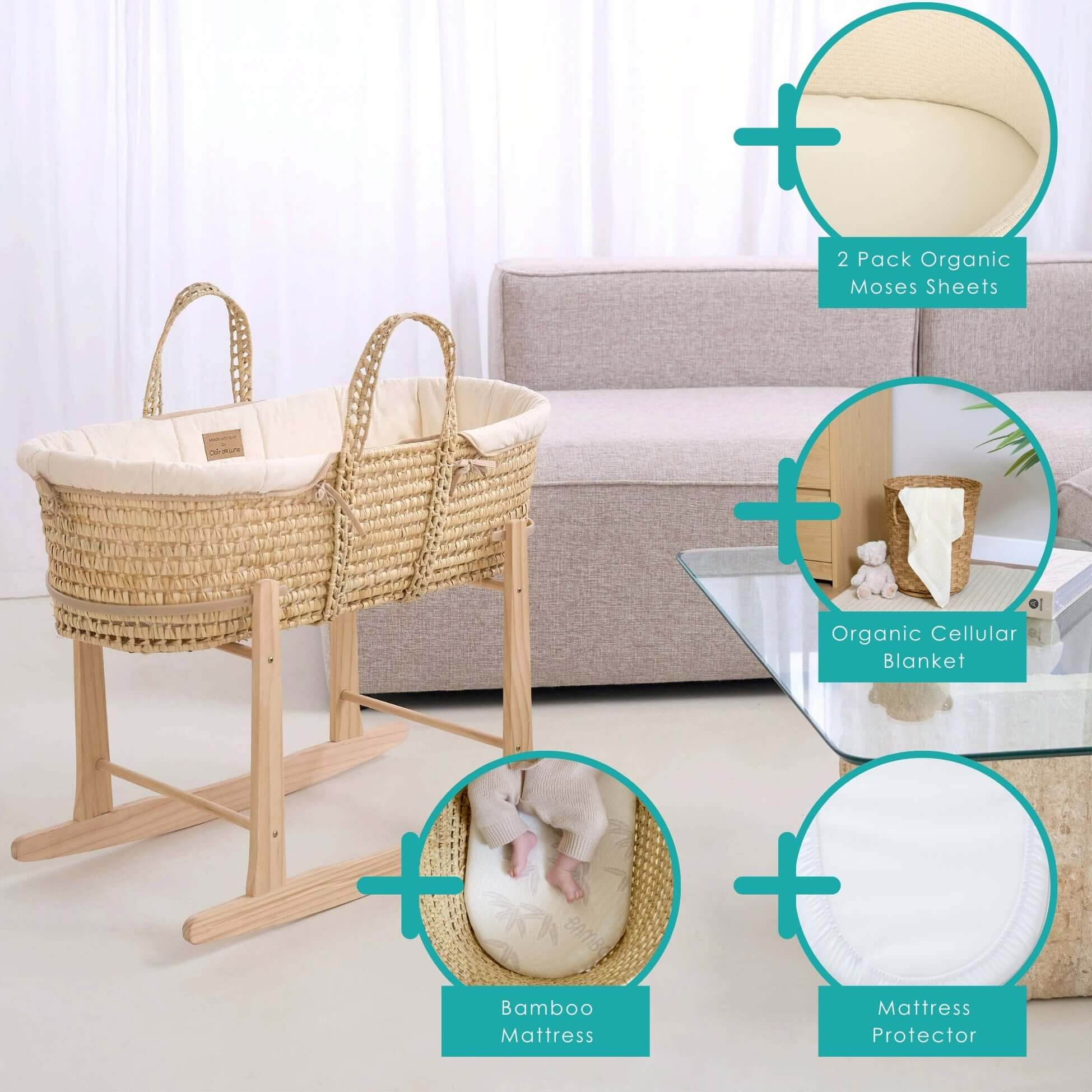 Cream Organic Palm Moses Basket with Rocking Stand and bedding bundle in a beige neutral nursery showing that it comes with Organic Sheets, Organic cellular blanket, bamboo mattress and mattress protector | Moses Baby Baskets, Bassinets | Sustainable Baby Essentials | Nursery Furniture - Clair de Lune UK