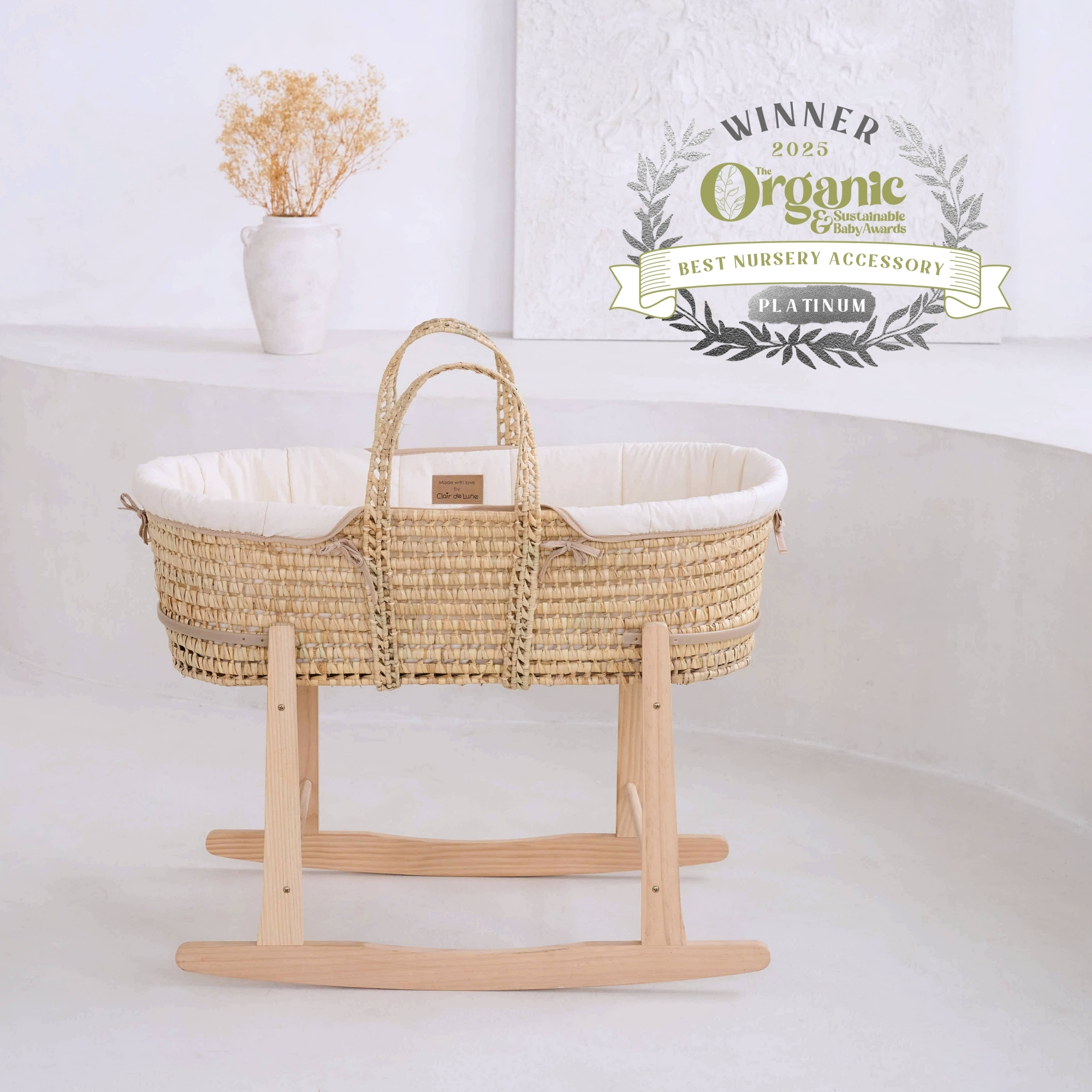 Sage Green Organic Palm Moses Basket with Natural Wooden Rocking Stand | Baby Moses Baskets & Bassinets
