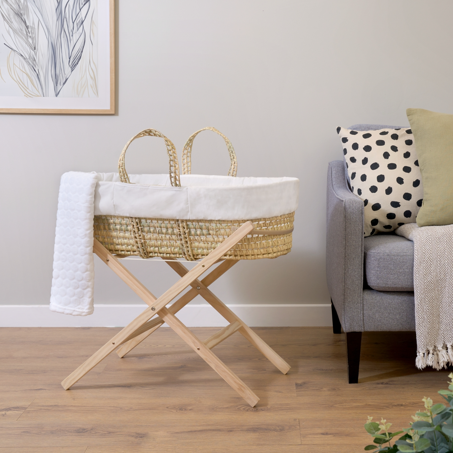 Clair de Lune Special Buy - Scandi Palm Moses Basket with Stand Bundle