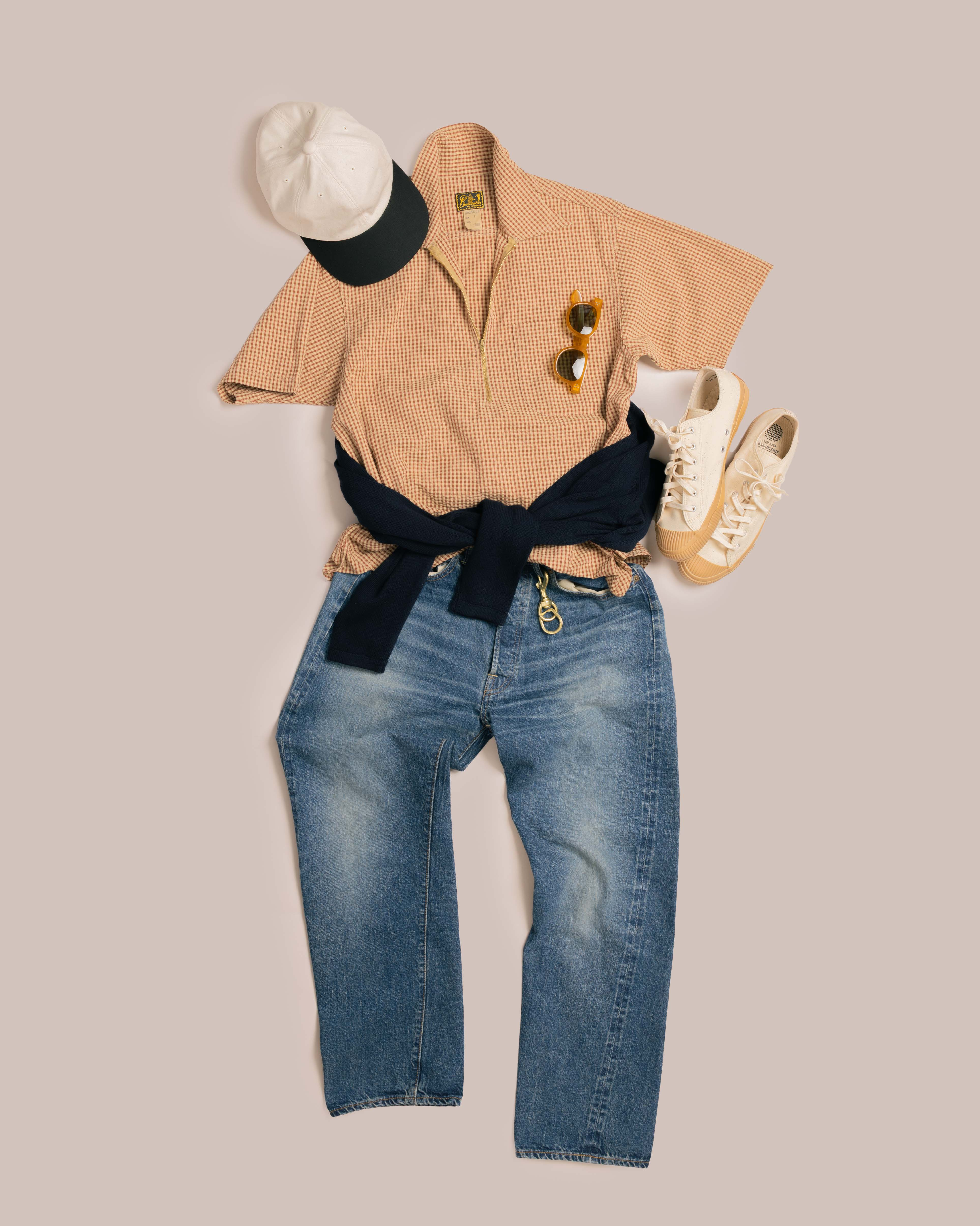 Cushman Lot. 25601 Seer Sucker Half Zip Shirt Beige/Brown
