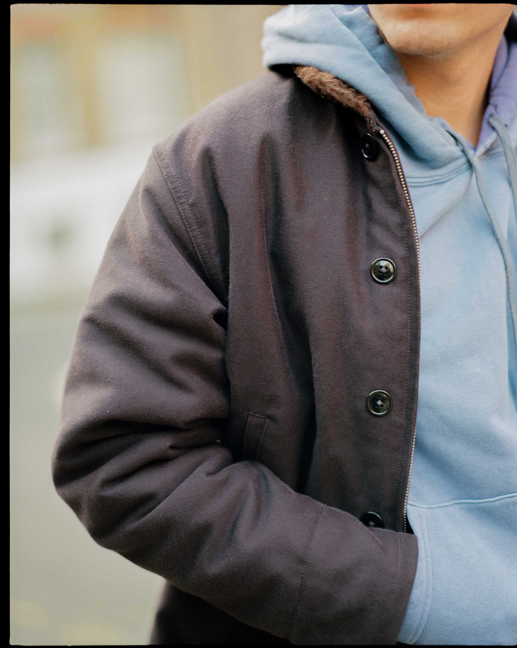 The Real McCoy's 9 oz Loopwheel Raglan Hooded Sweatshirt Faded Navy