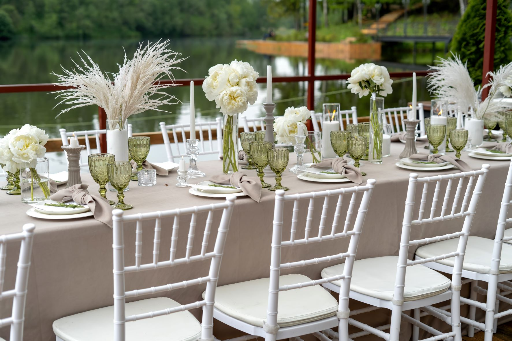 Outdoor wedding reception with rectangle tables