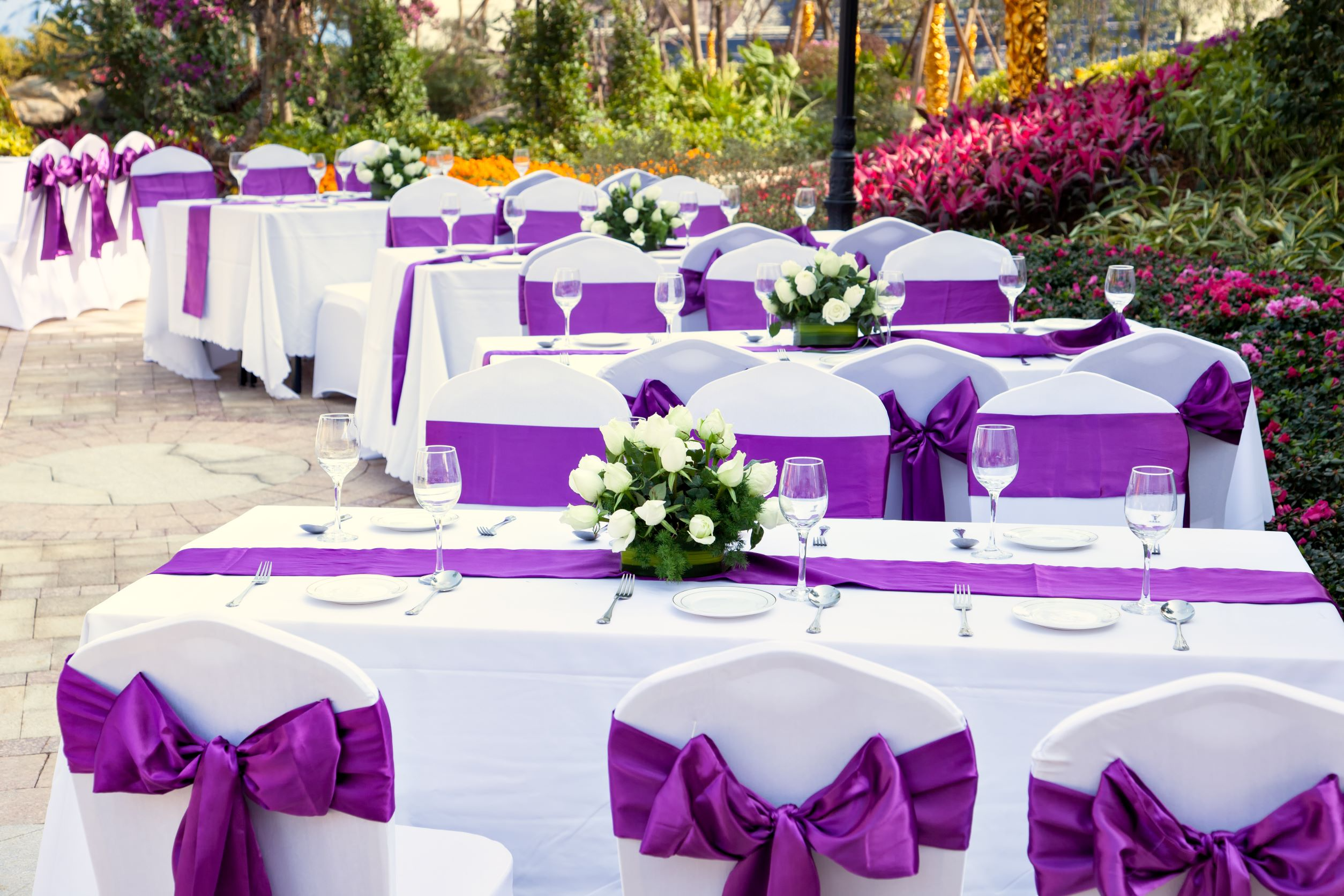 Rectangle table for a purple-themed wedding reception
