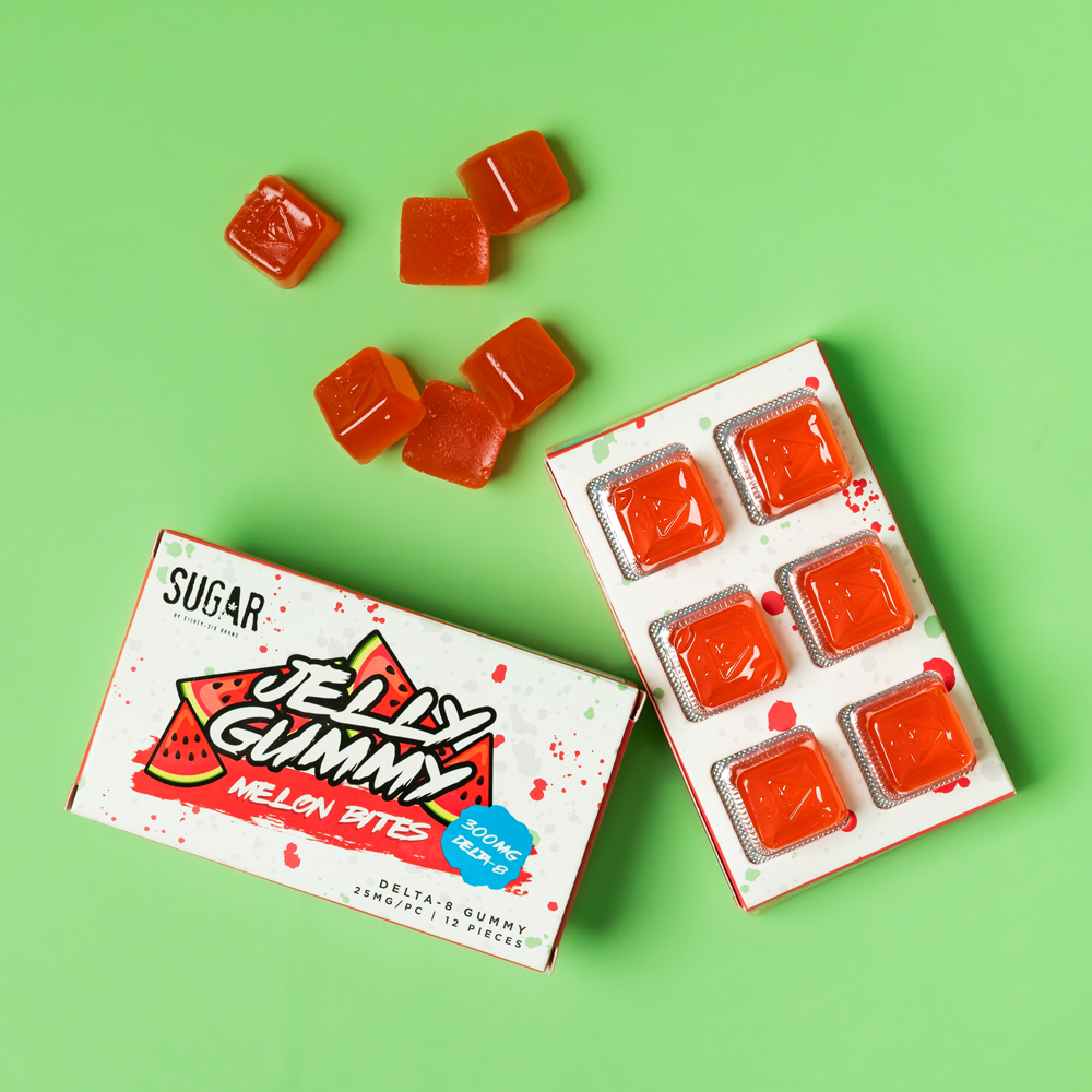 Delta-8 Melon Bites Jelly Gummies on a green background