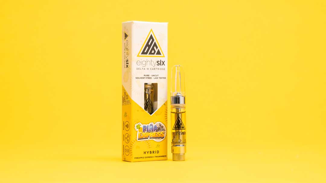 Piña Express Delta-8 cartridge on a yellow background
