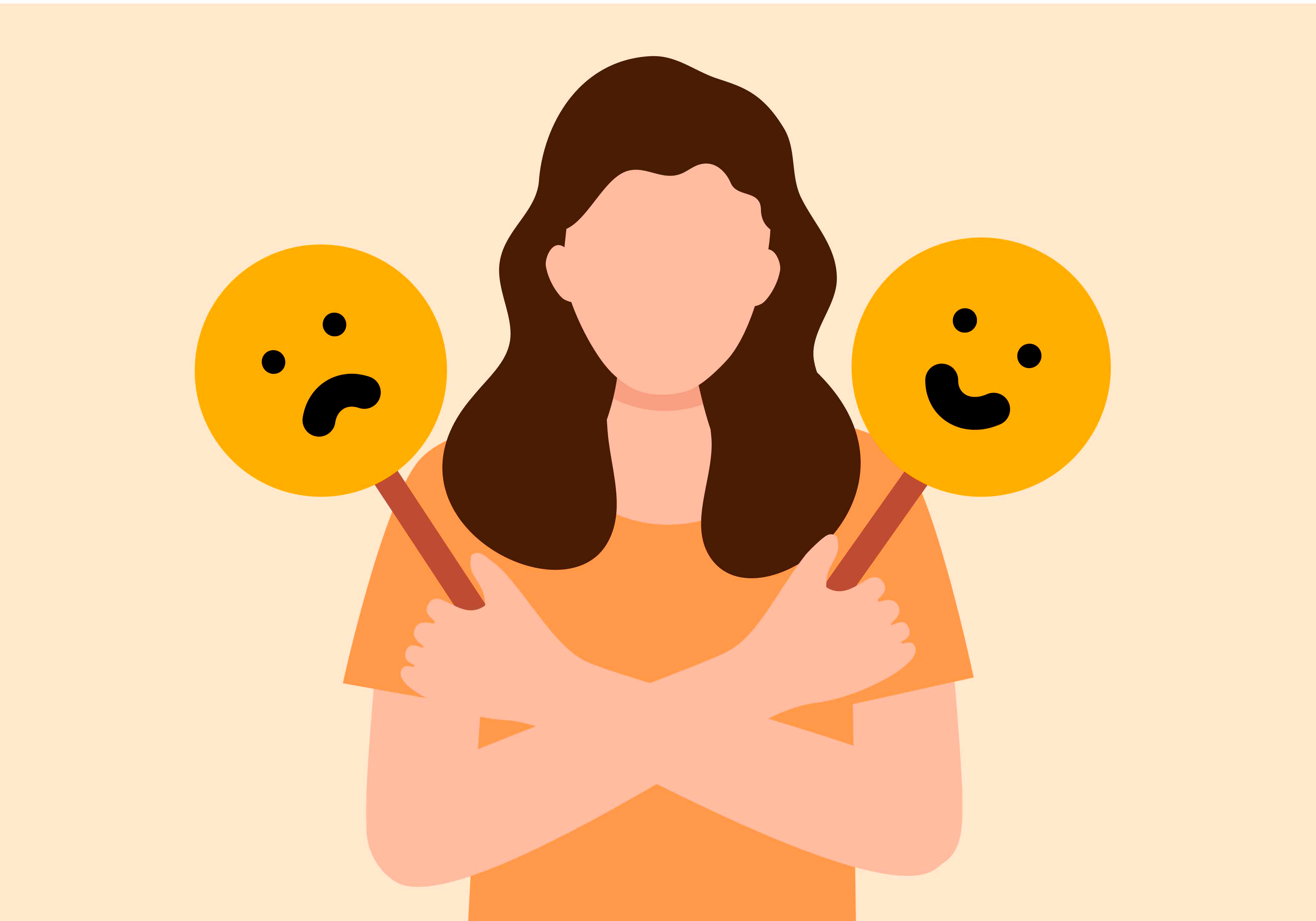 Illustration einer Frau, die in einer Hält ein Schild mit einem glücklichen Smiley hält und in der anderen Hand ein Schild mit einem traurigen Smiley.