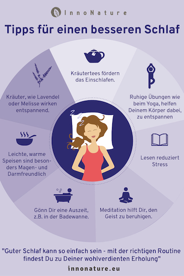 Grafik in lila zum Thema "Tipps für einen besseren Schlaf"