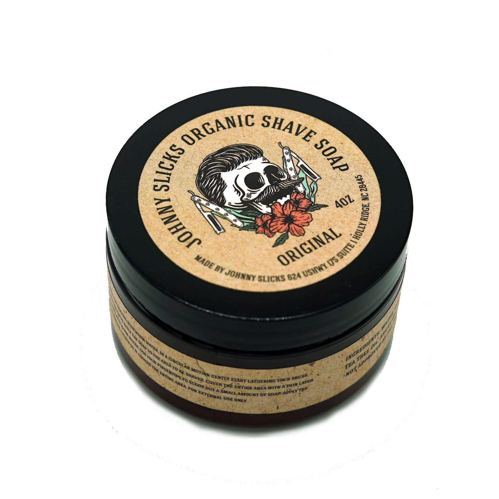 A bird’s eye view of Johnny Slicks Organic Shave Soap, one of the best men’s grooming products