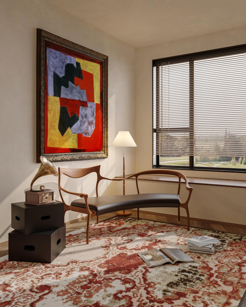 Alfombra kilim en sala de estilo urbano contemporáneo