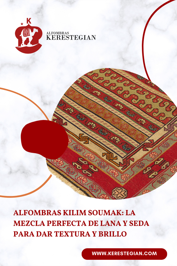 Alfombra kilim soumak de lana y seda con textura y brillo