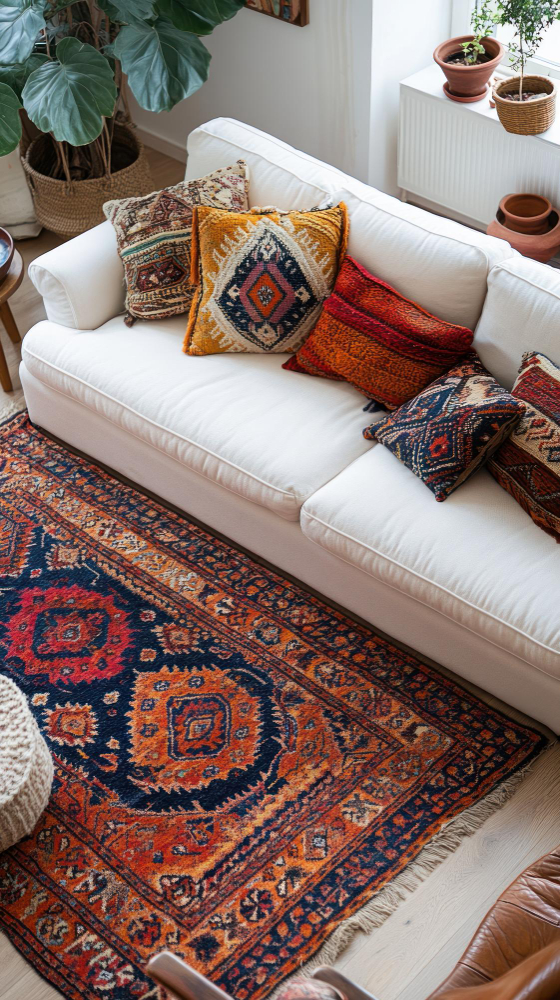 Alfombra Kilim y alfombra persa una al lado de la otra en sala moderna