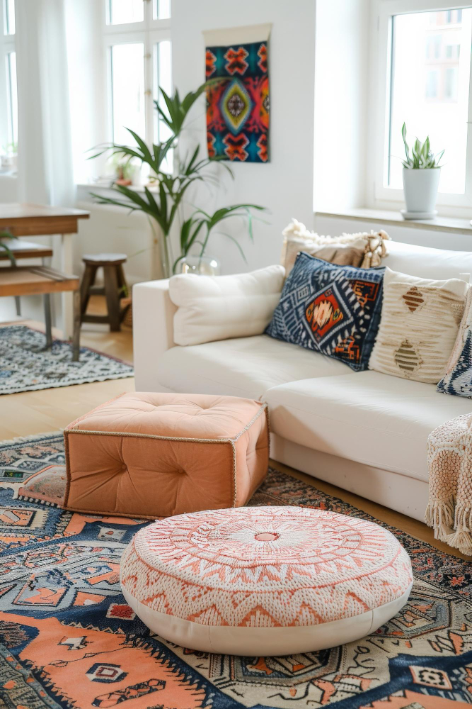 Alfombra de lana y seda destacando sus texturas en un salón elegante