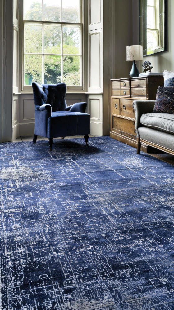 Alfombra persa en tonos azules y arena para interiores veraniegos