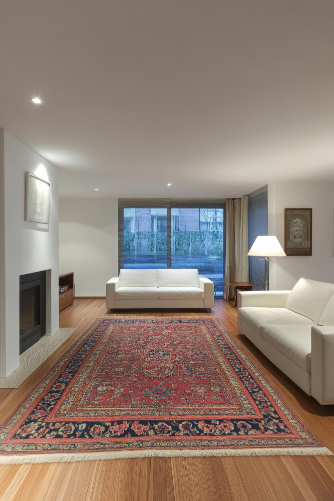 Alfombra persa decorando sala contemporánea con estilo moderno