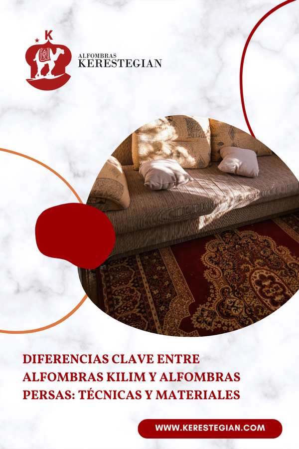 Alfombra Kilim y alfombra persa una al lado de la otra en sala moderna