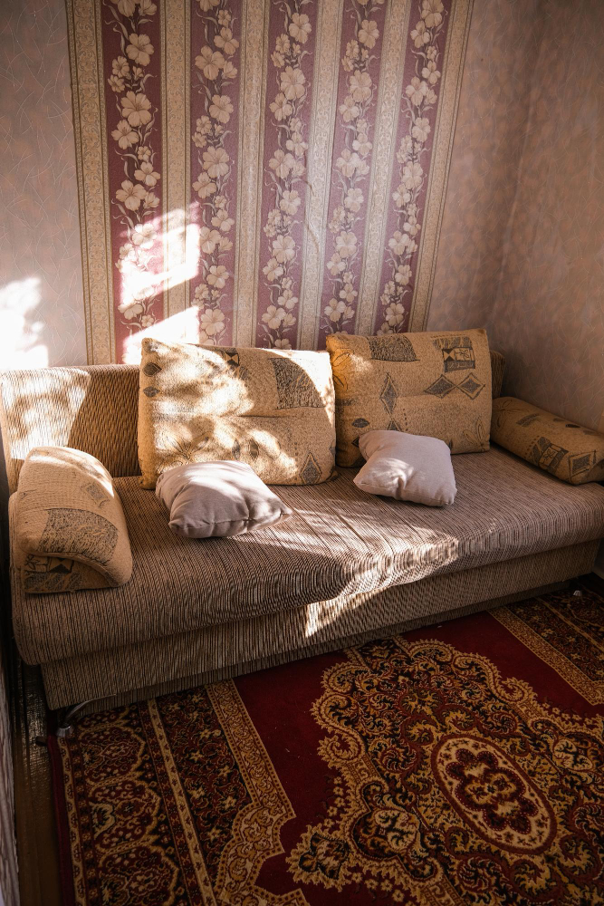 Alfombra Kilim y alfombra persa una al lado de la otra en sala moderna