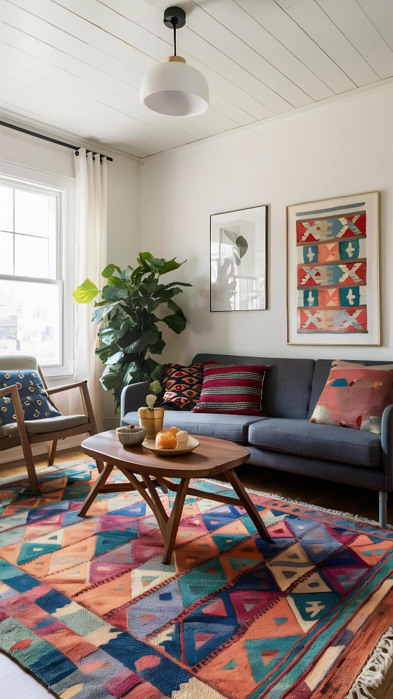 Alfombra kilim en sala de estilo urbano contemporáneo