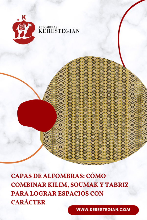 Superposición de alfombras Kilim, Soumak y Tabriz en sala moderna