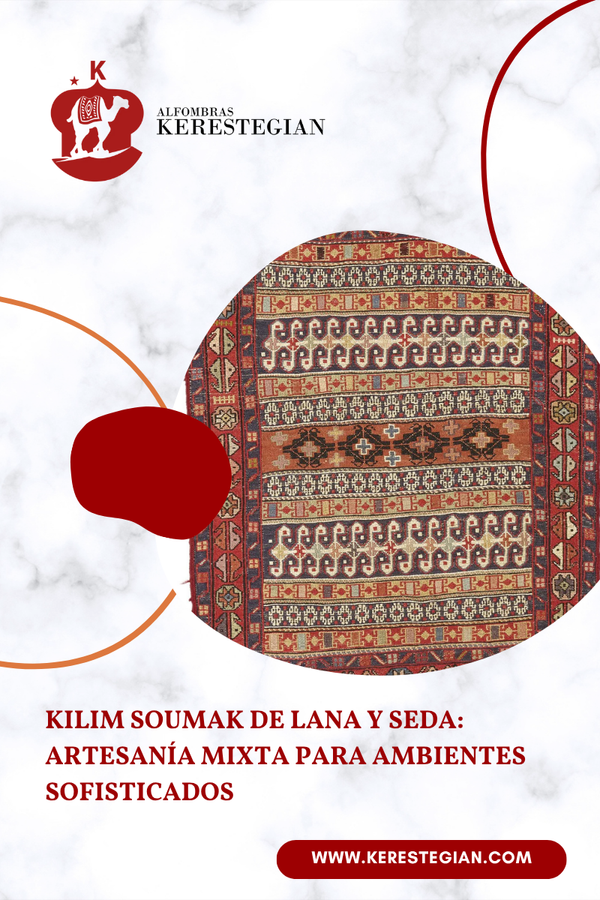 Kilim Soumak de lana y seda con diseño artesanal en sala moderna