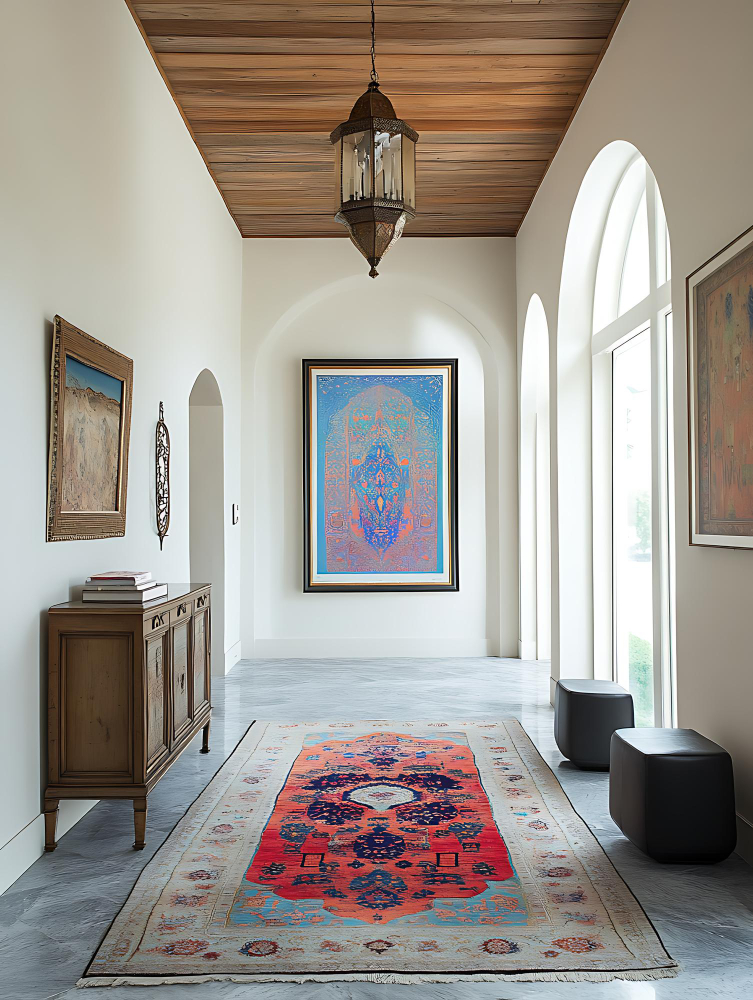Sala moderna con alfombra persa que mejora el confort acústico