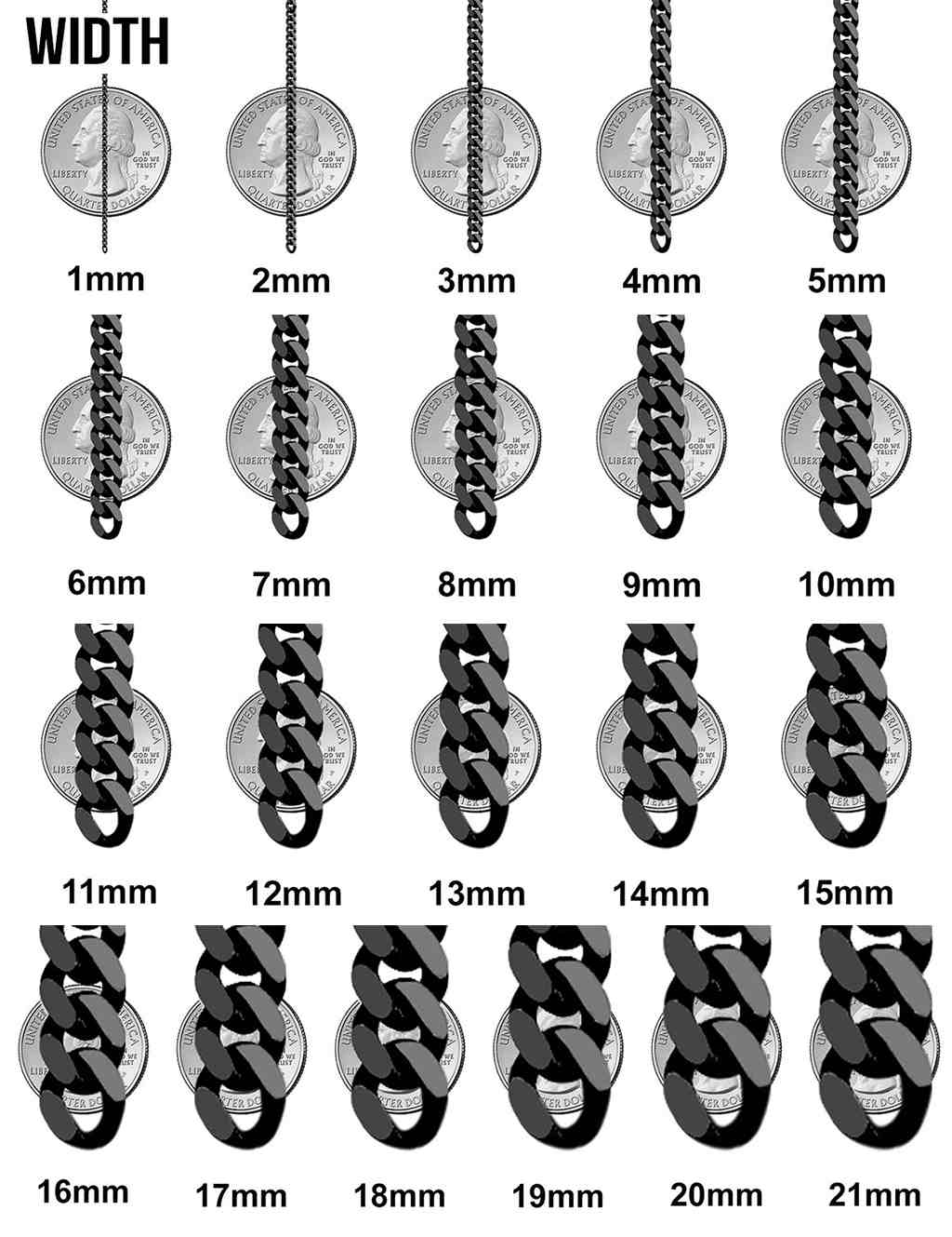 Cuban Link Chain Size Chart To Scale Cuban Link Chain Width Chart