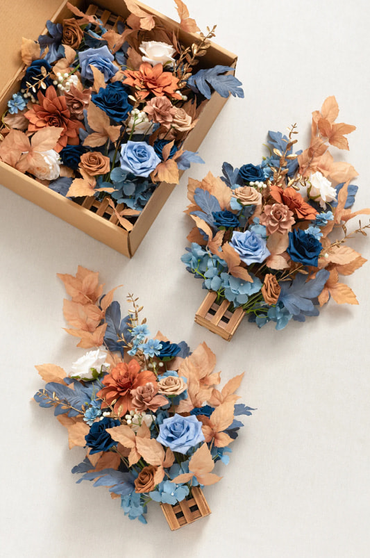 Wedding Aisle Runner Flower Arrangements in Russet Orange & Denim Blue