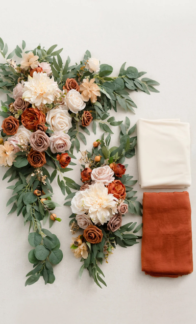 Flower Arch Decor with Drapes in Sunset Terracotta