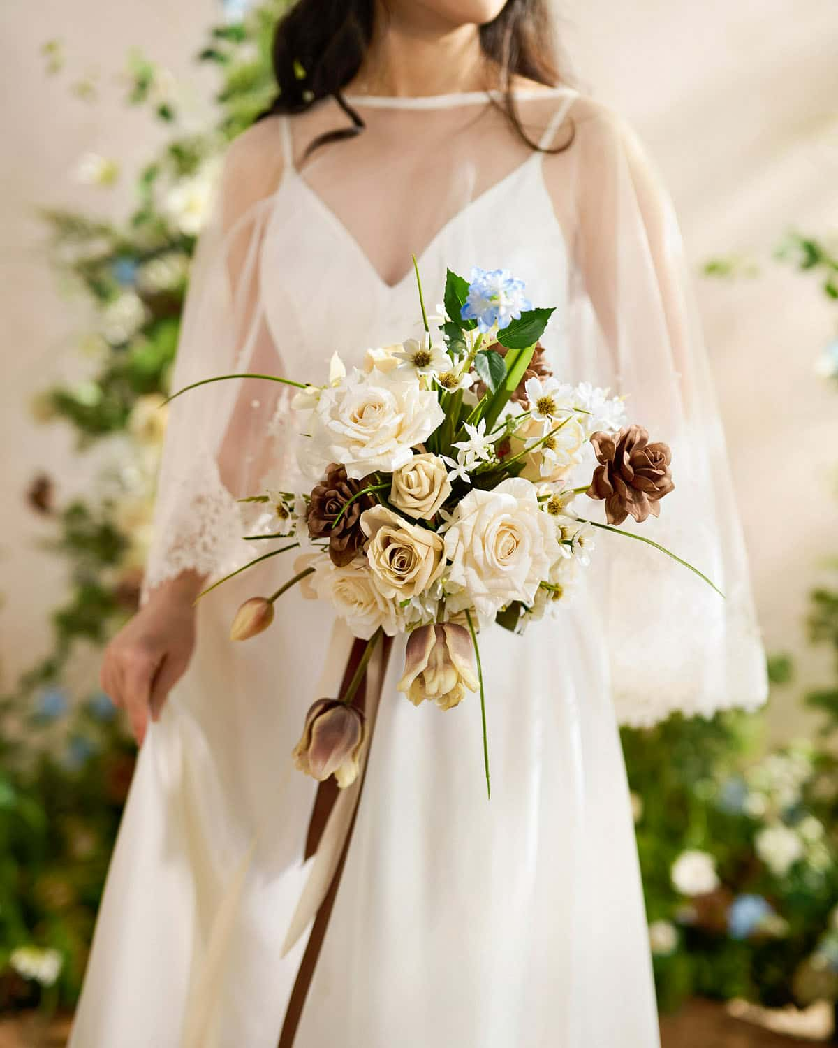 Small Free-Form Bridal Bouquet in Earth Brown & Tawny Beige