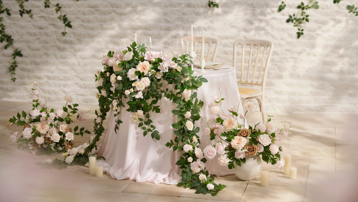 9ft Head Table Flower Garland in Powder Pink & Cream