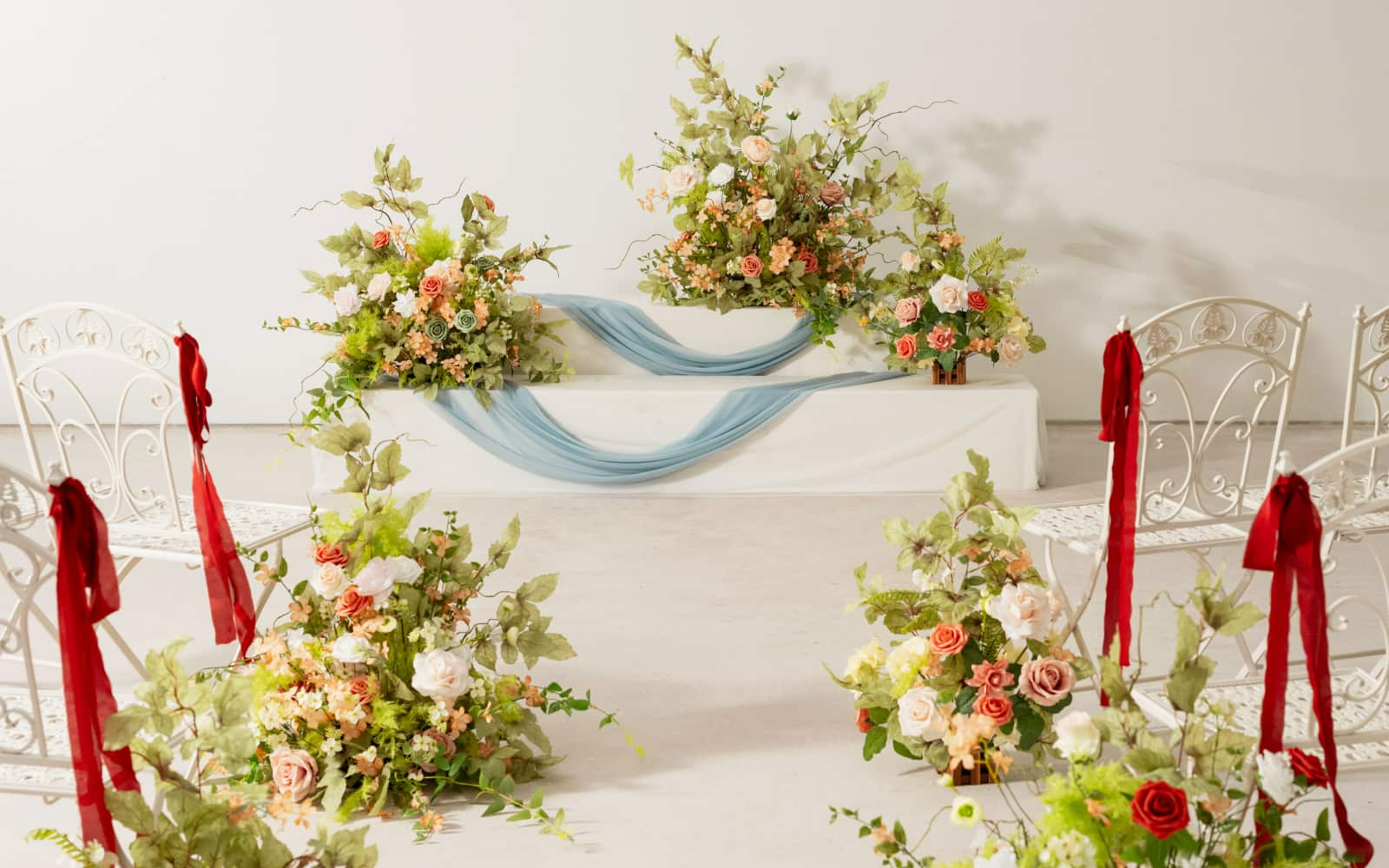Wedding Aisle Runner Flower Arrangements in Garden Blush