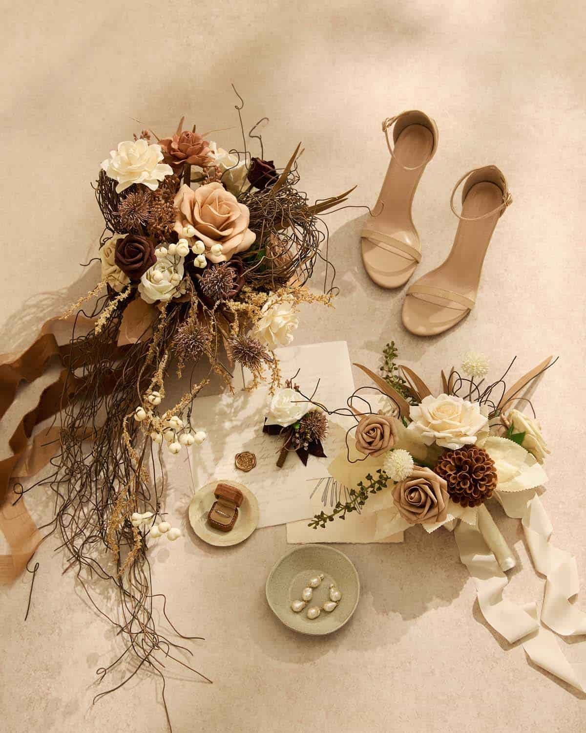 Small Cascade Bridal Bouquet in Beige Raw Serenity