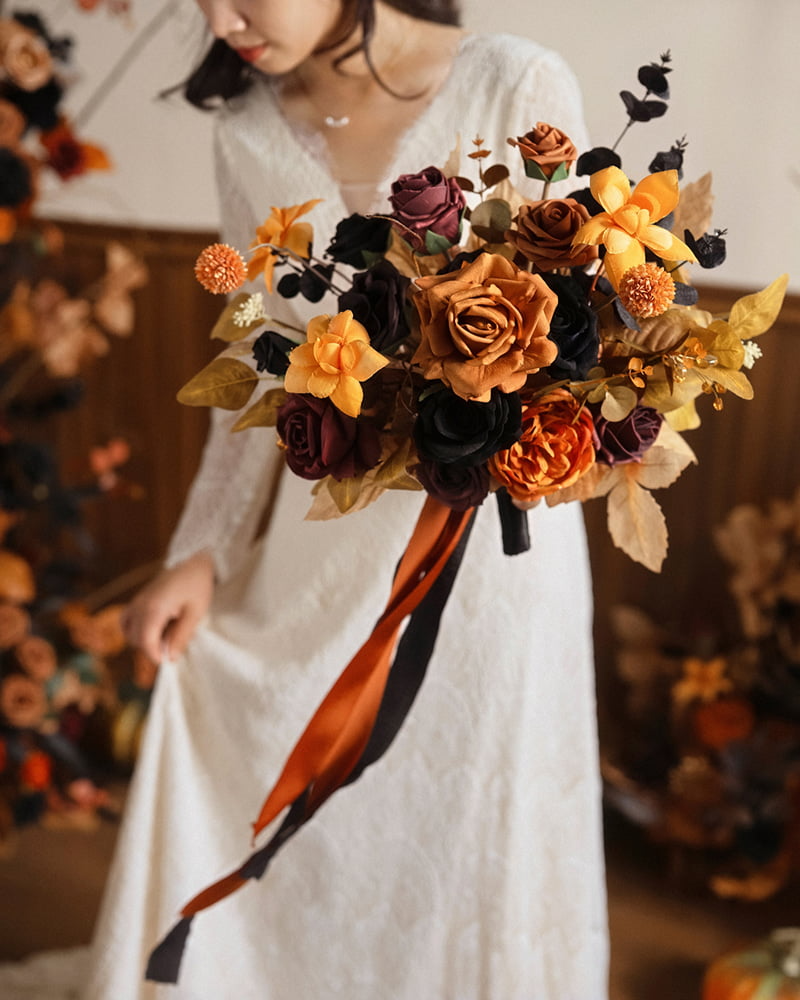 Medium Free-Form Bridal Bouquet in Black & Pumpkin Orange