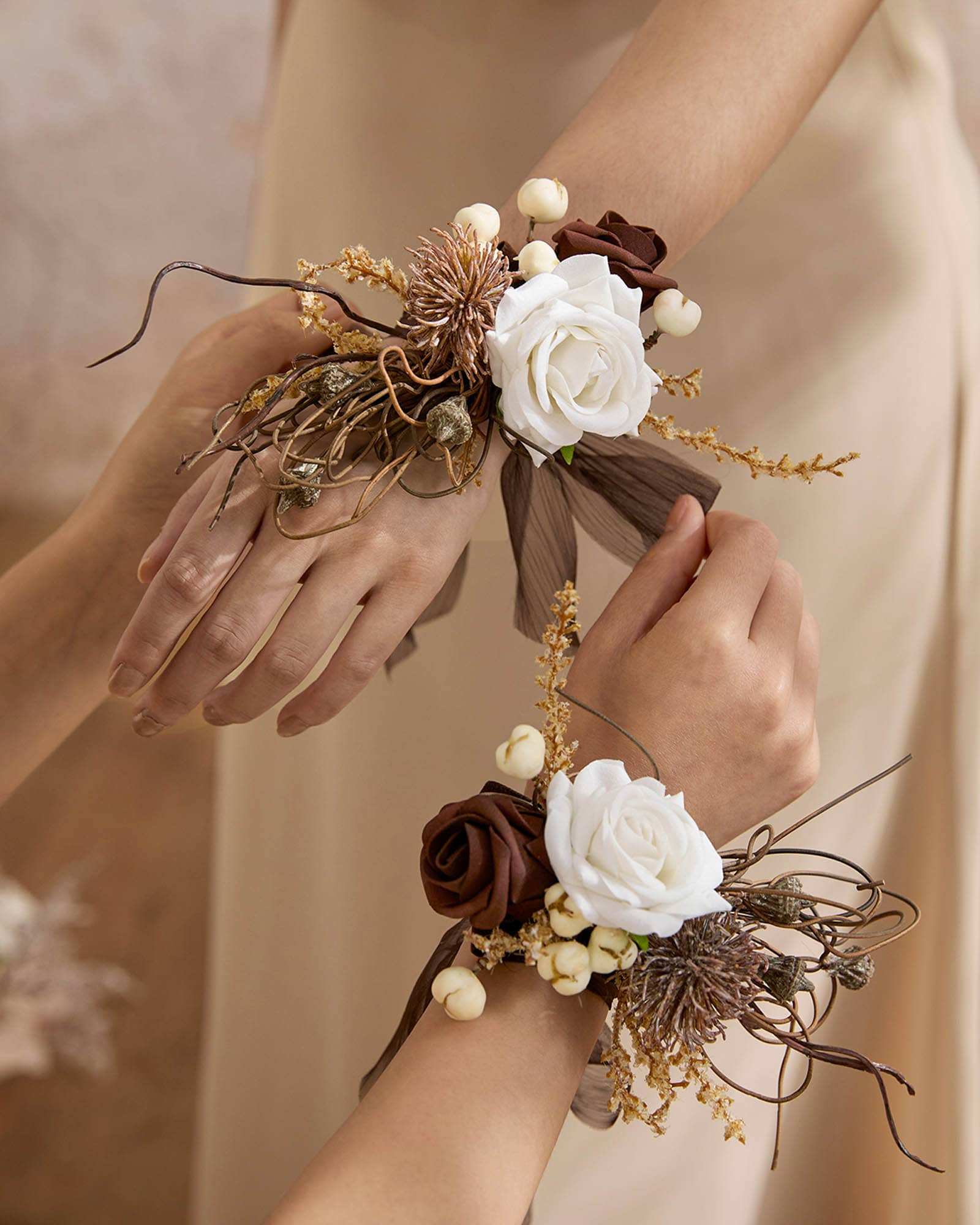 Wrist and Shoulder Corsages in Beige Raw Serenity