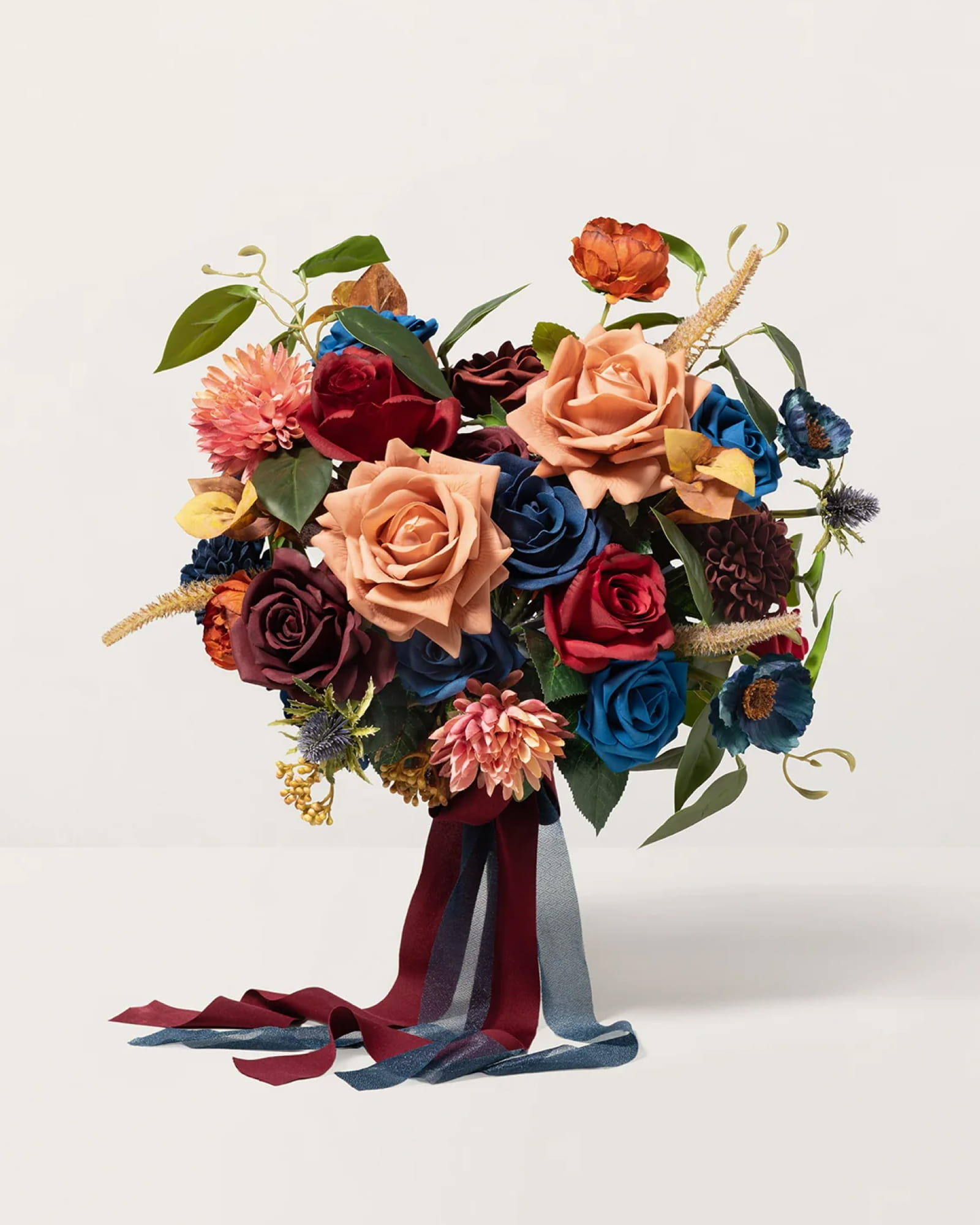 Bridal Bouquet in Royal Blue & Dark Red & Soft Peach