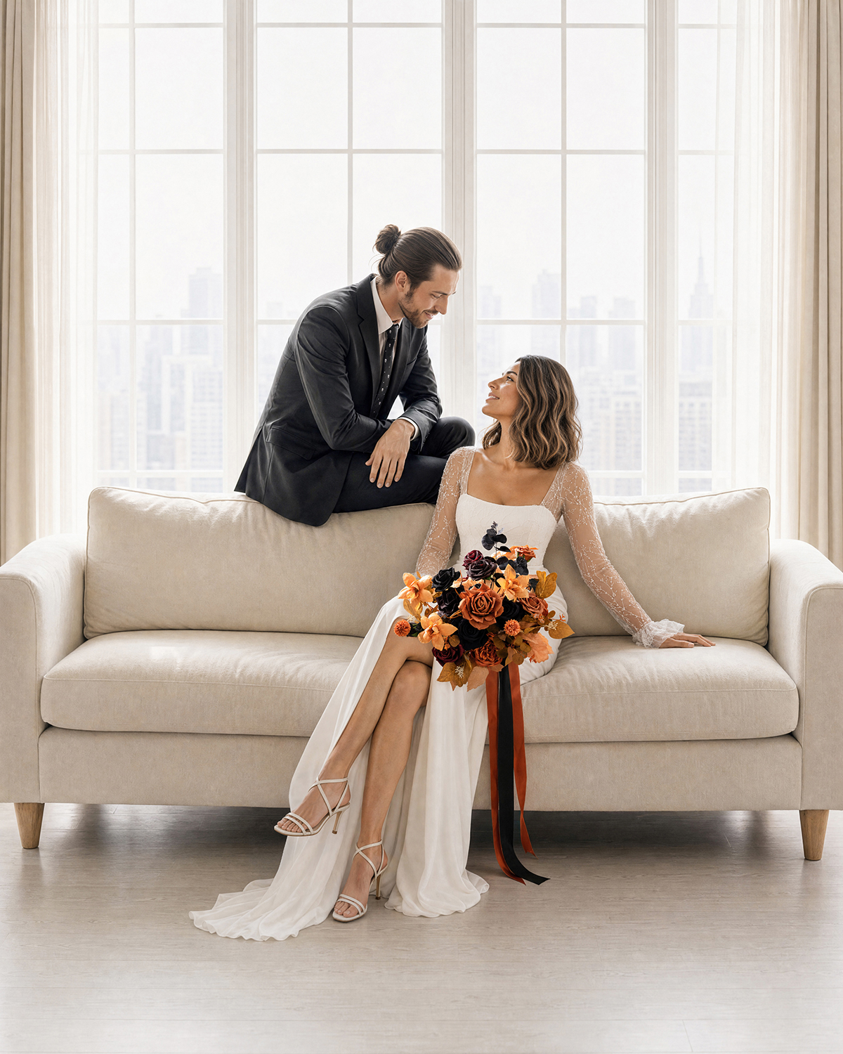 Bridal Bouquet in Black & Pumpkin Orange