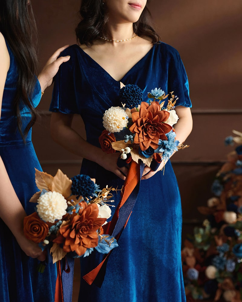 Round Bridesmaid Bouquets in Russet Orange & Denim Blue