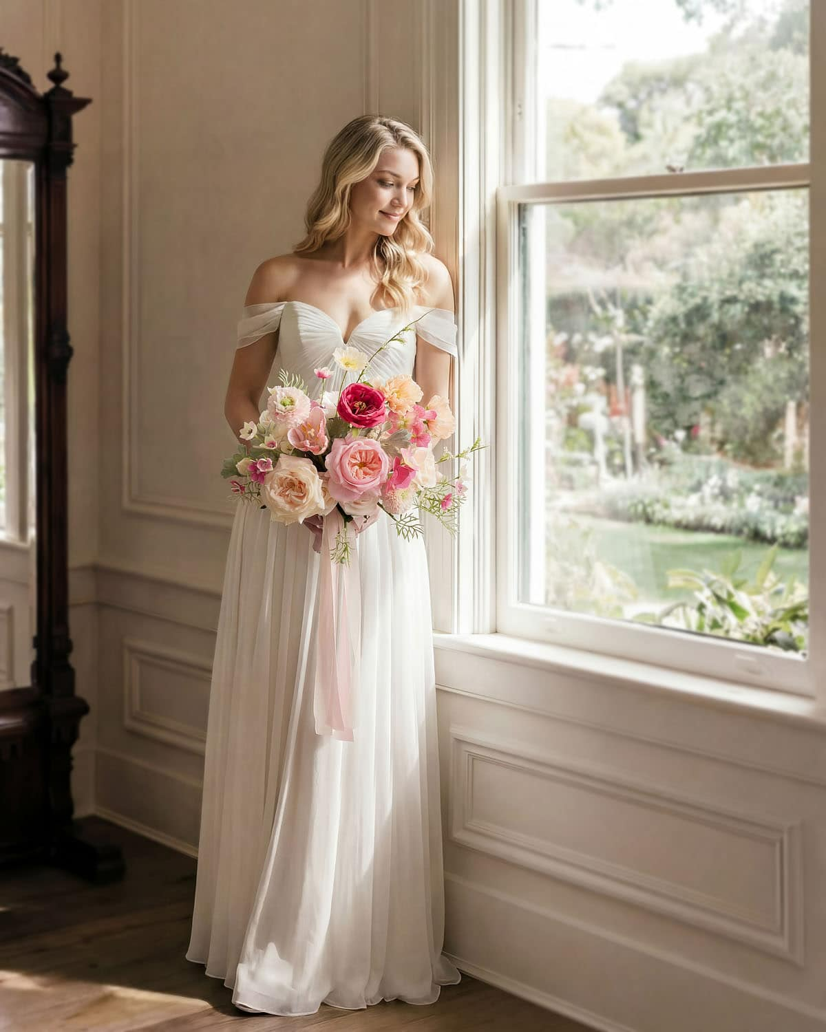 Small Free-Form Bridal Bouquet in Powder Pink & Berry Pink & Cream