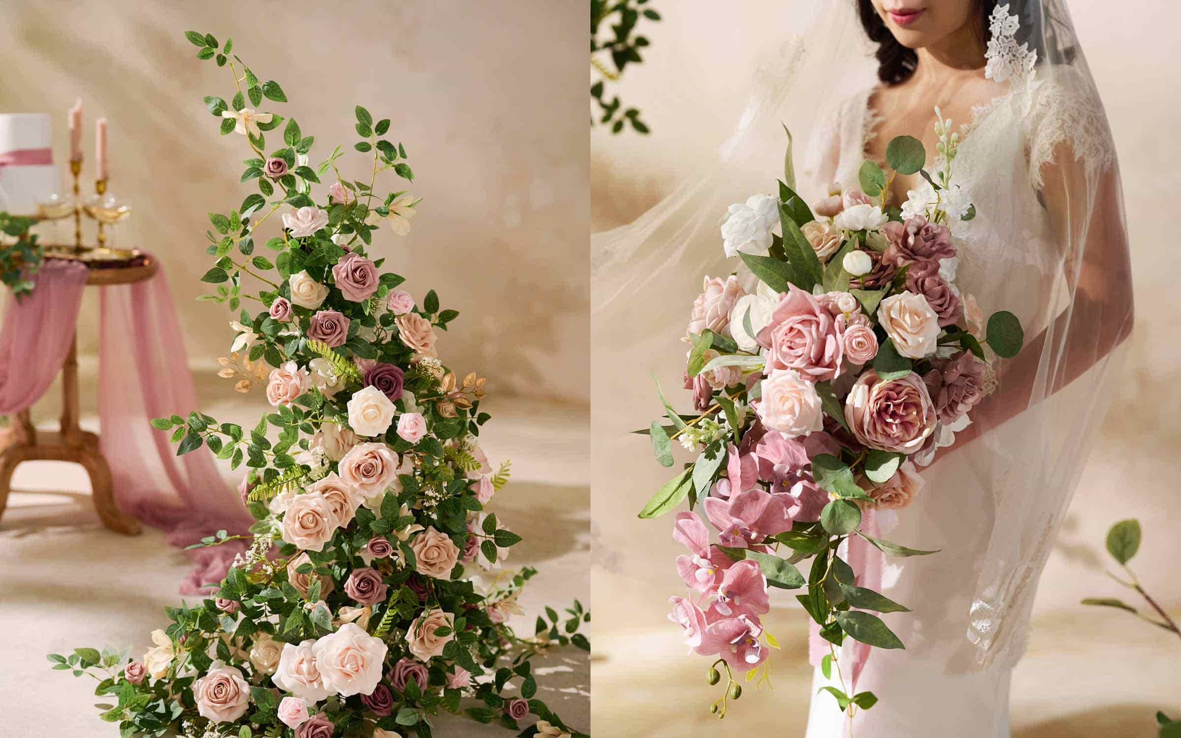 Medium Cascade Bridal Bouquet in Dusty Rose & Cream
