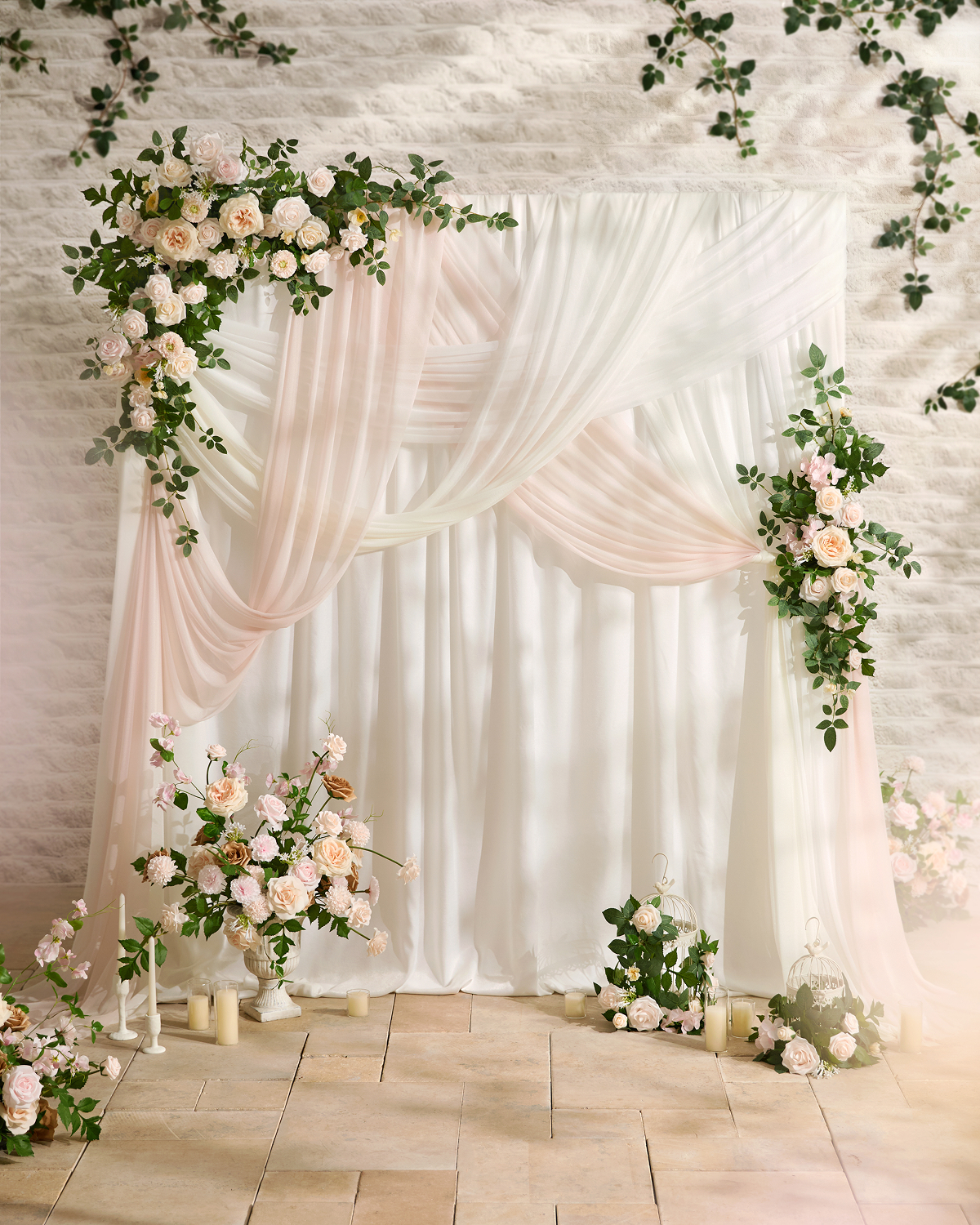 Flower Arch Decor with Drapes in Powder Pink & Cream