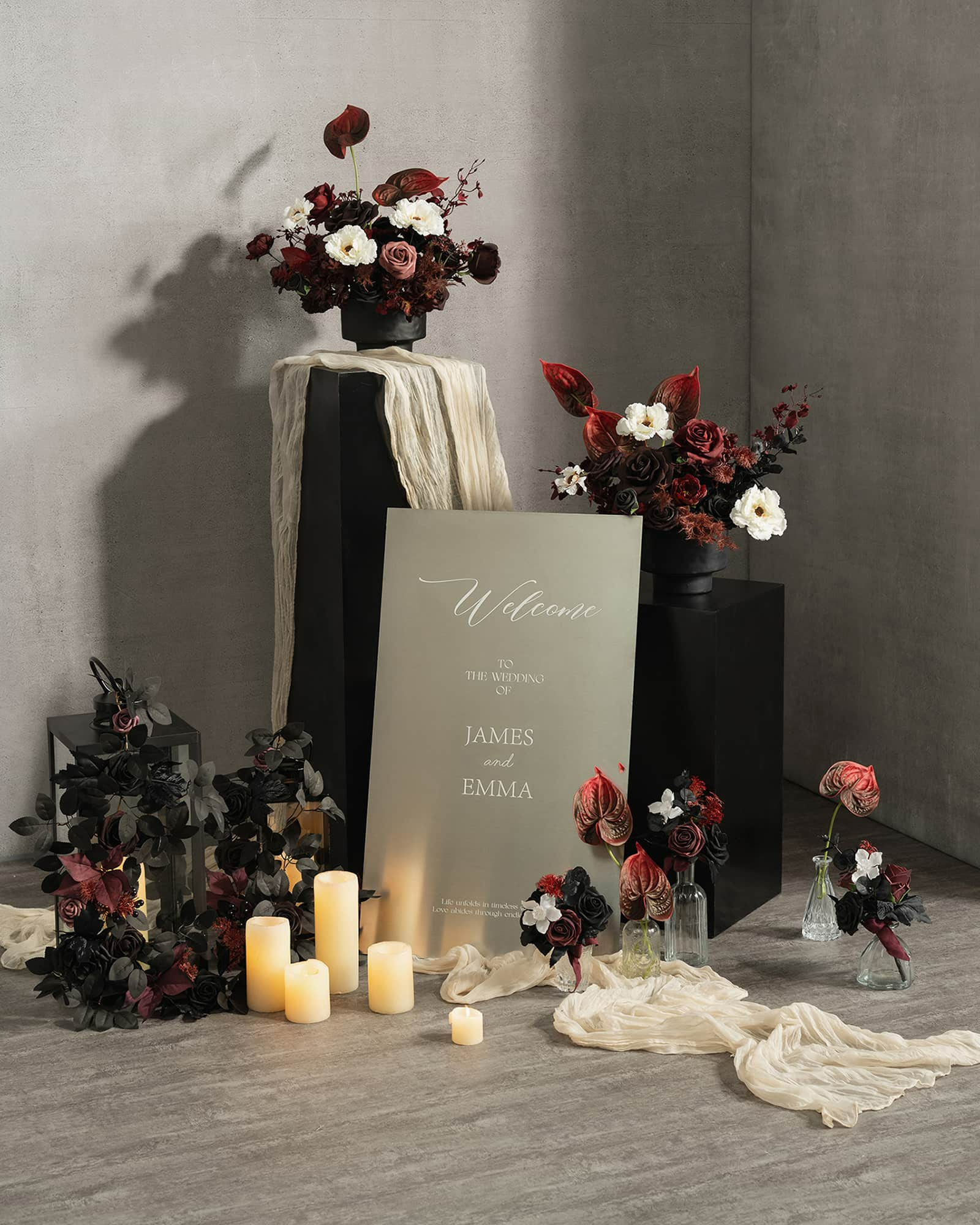 Table Flower Garlands in Moody Burgundy & Black