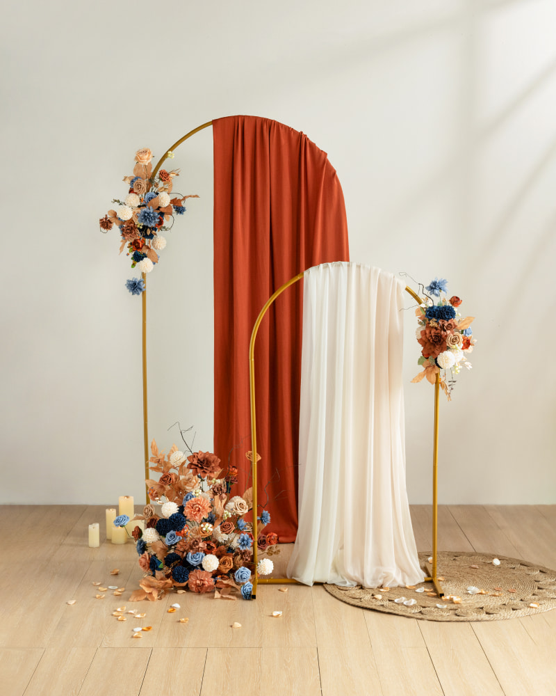 Wedding Aisle Runner Flower Arrangements in Russet Orange & Denim Blue