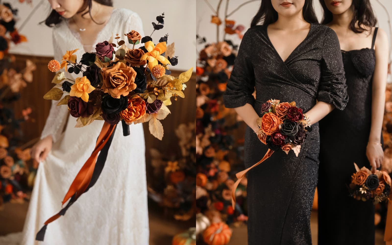 Medium Free-Form Bridal Bouquet in Black & Pumpkin Orange