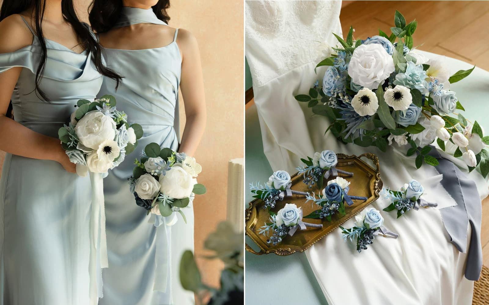 Maid of Honor & Bridesmaid Bouquets in Romantic Dusty Blue